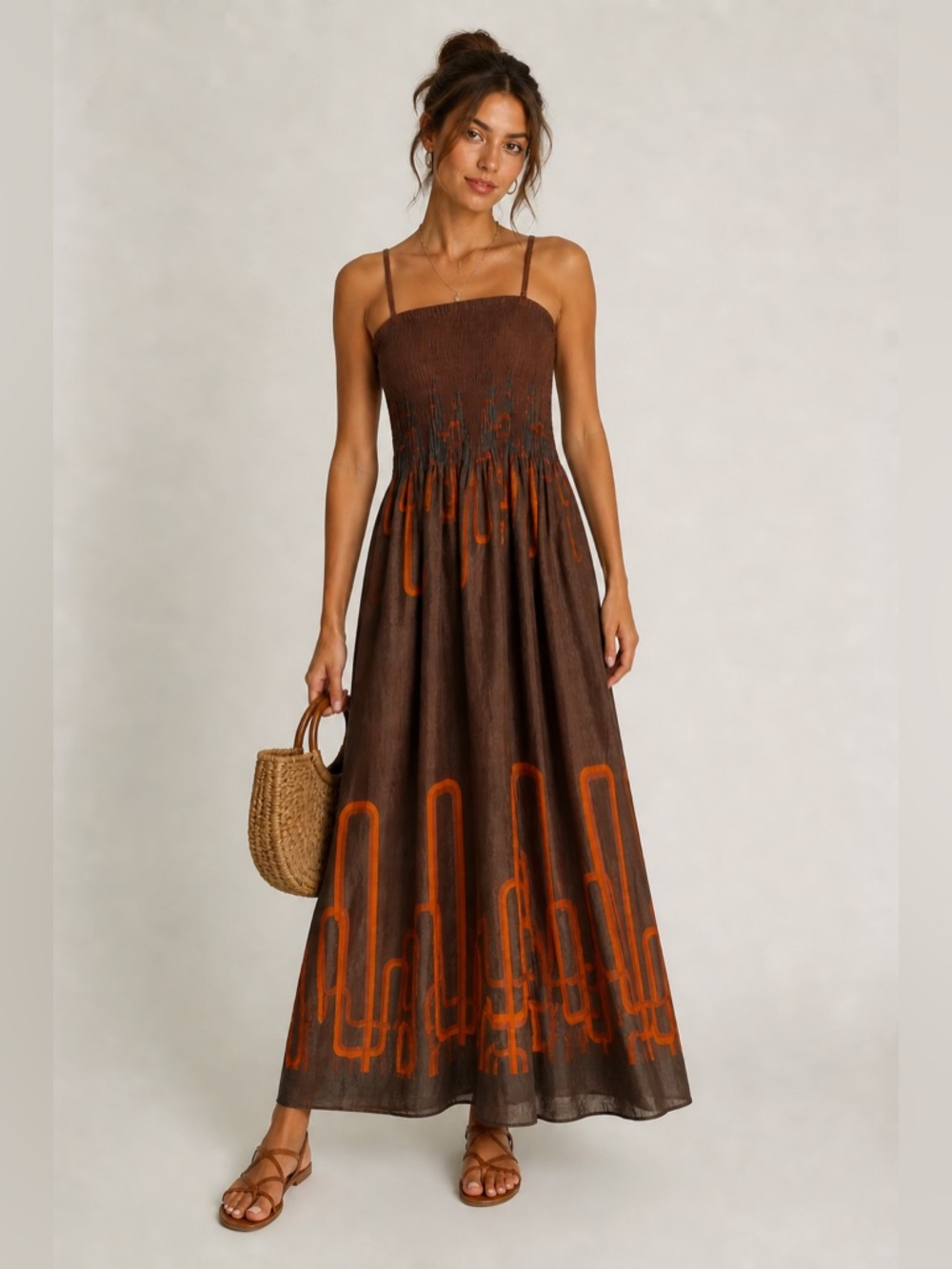 Lapis Smocked Maxi Dress Brown Orange Abstract Print Spaghetti Strap Boho
